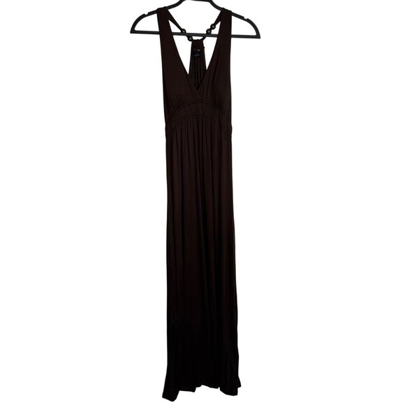 VTG‎ Y2K Boho F21 Brown Stretchy Maxi Dress Chunky Wood Beads Halter Neck Size L - Picture 1 of 7